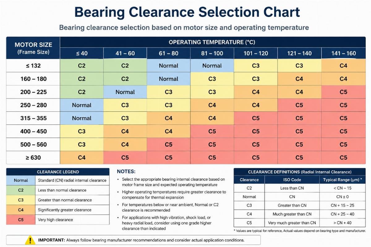 Bearing clearance selection based on motor size and operating temperature Bearing Clearance Selection Chart