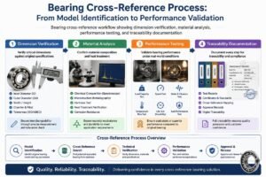 Bearing cross-reference workflow showing dimension verification, material analysis, performance testing, and traceability documentation