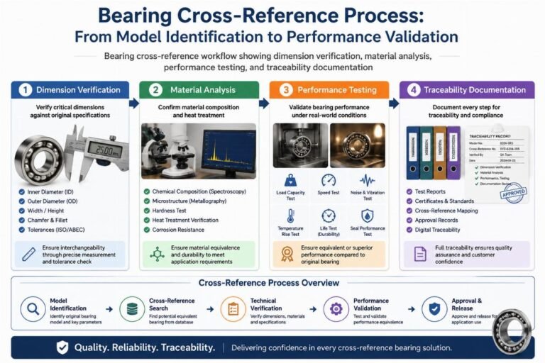 Bearing cross-reference workflow showing dimension verification, material analysis, performance testing, and traceability documentation
