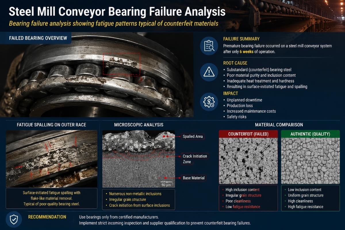 Bearing failure analysis showing fatigue patterns typical of counterfeit materials Steel Mill Conveyor Bearing Failure Analysis