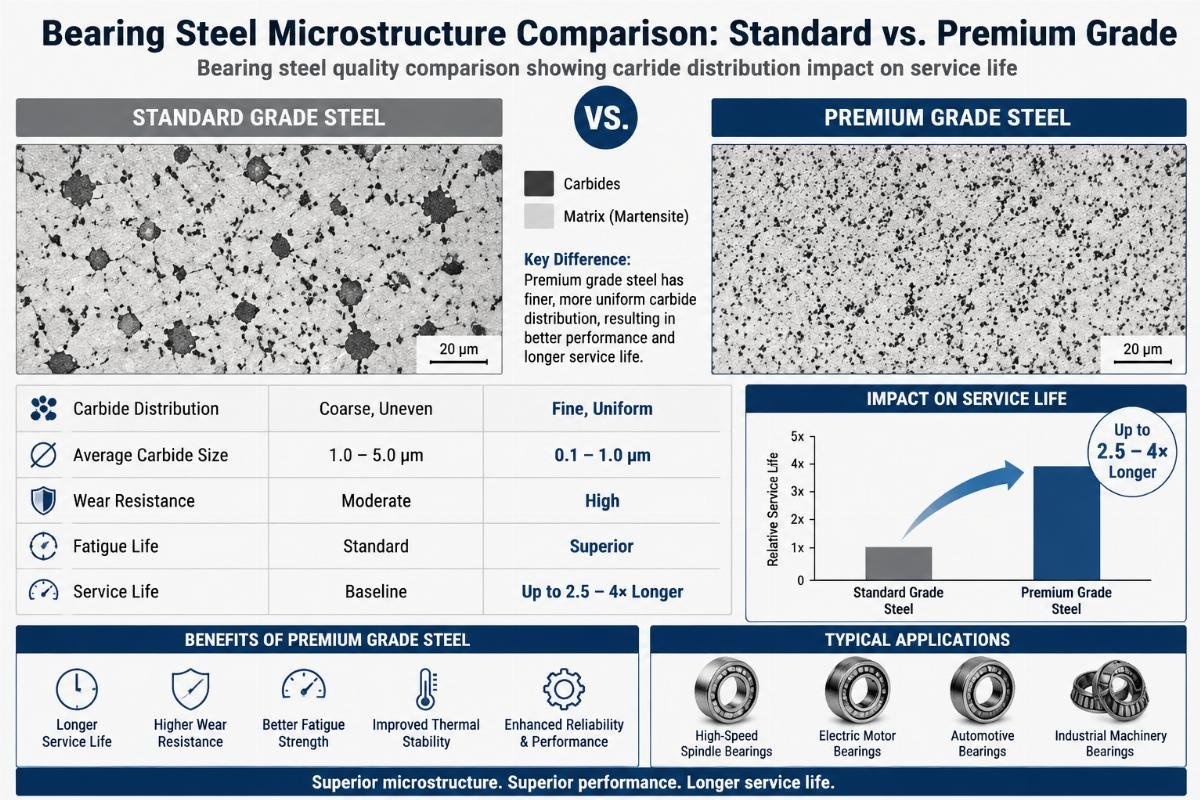 Bearing steel quality comparison showing carbide distribution impact on service life Bearing Steel Microstructure Comparison: Standard vs. Premium Grade