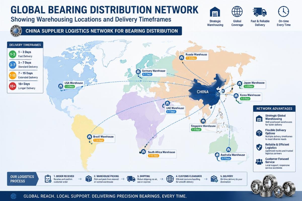 China Supplier Logistics Network for Bearing Distribution Global bearing distribution network showing warehousing locations and delivery timeframes