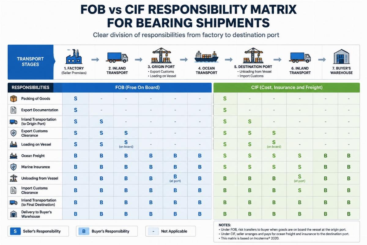 Clear division of responsibilities from factory to destination port FOB vs CIF Responsibility Matrix for Bearing Shipments