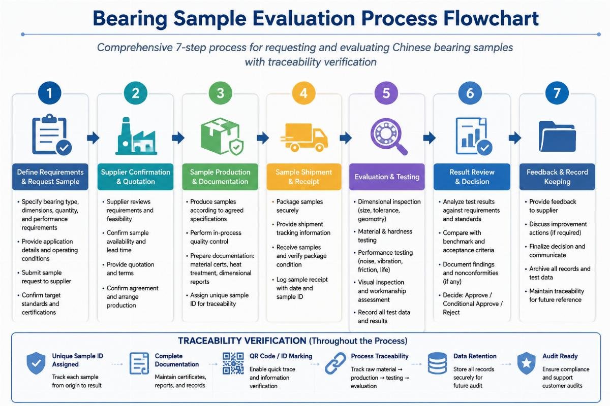 Comprehensive 7-step process for requesting and evaluating Chinese bearing samples with traceability verification Bearing Sample Evaluation Process Flowchart