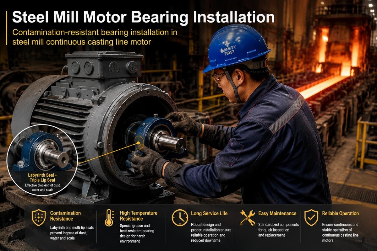 Contamination-resistant bearing installation in steel mill continuous casting line motor Steel Mill Motor Bearing Installation