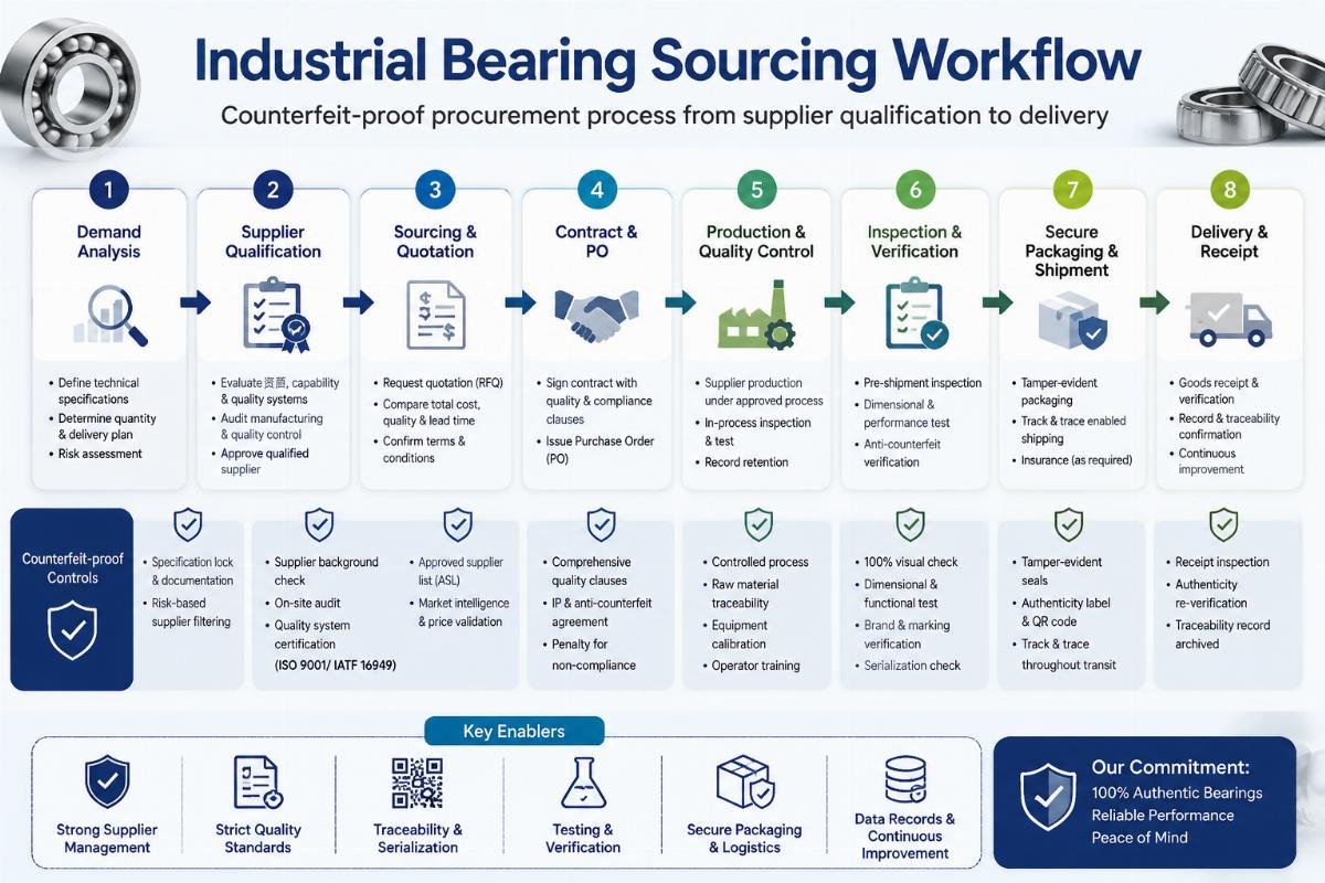 Counterfeit-proof procurement process from supplier qualification to delivery Industrial Bearing Sourcing Workflow