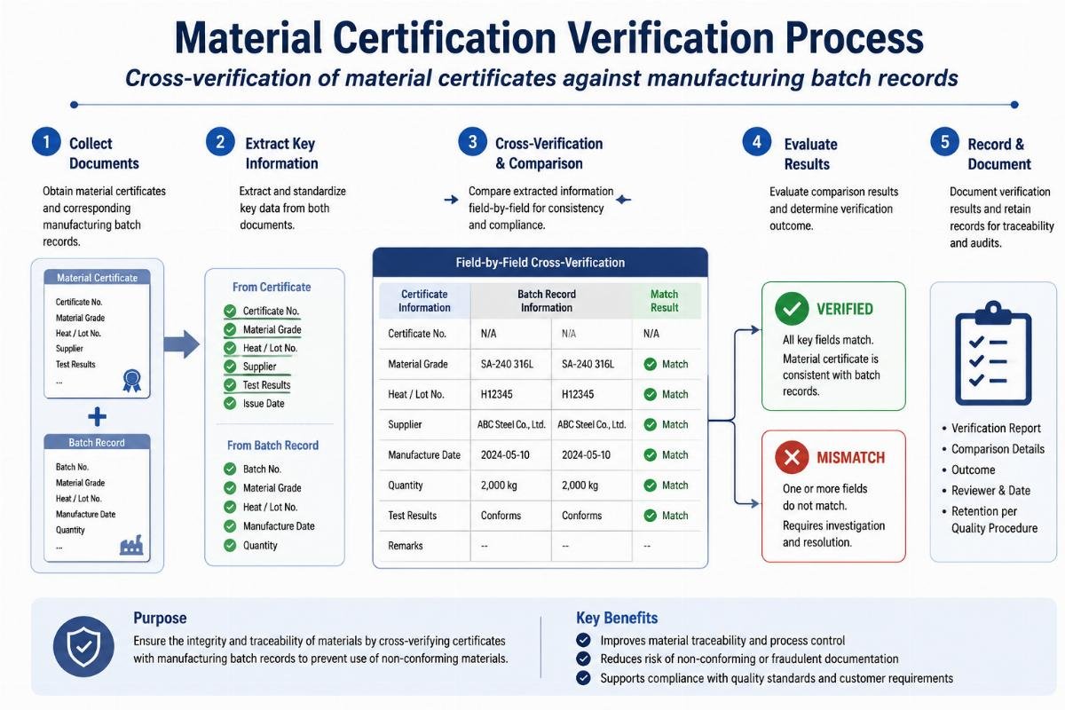 Cross-verification of material certificates against manufacturing batch records Material Certification Verification Process