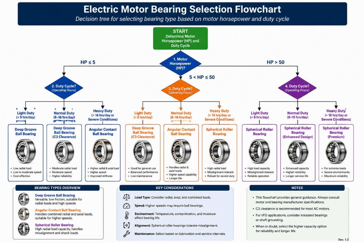 Decision tree for selecting bearing type based on motor horsepower and duty cycle Electric Motor Bearing Selection Flowchart
