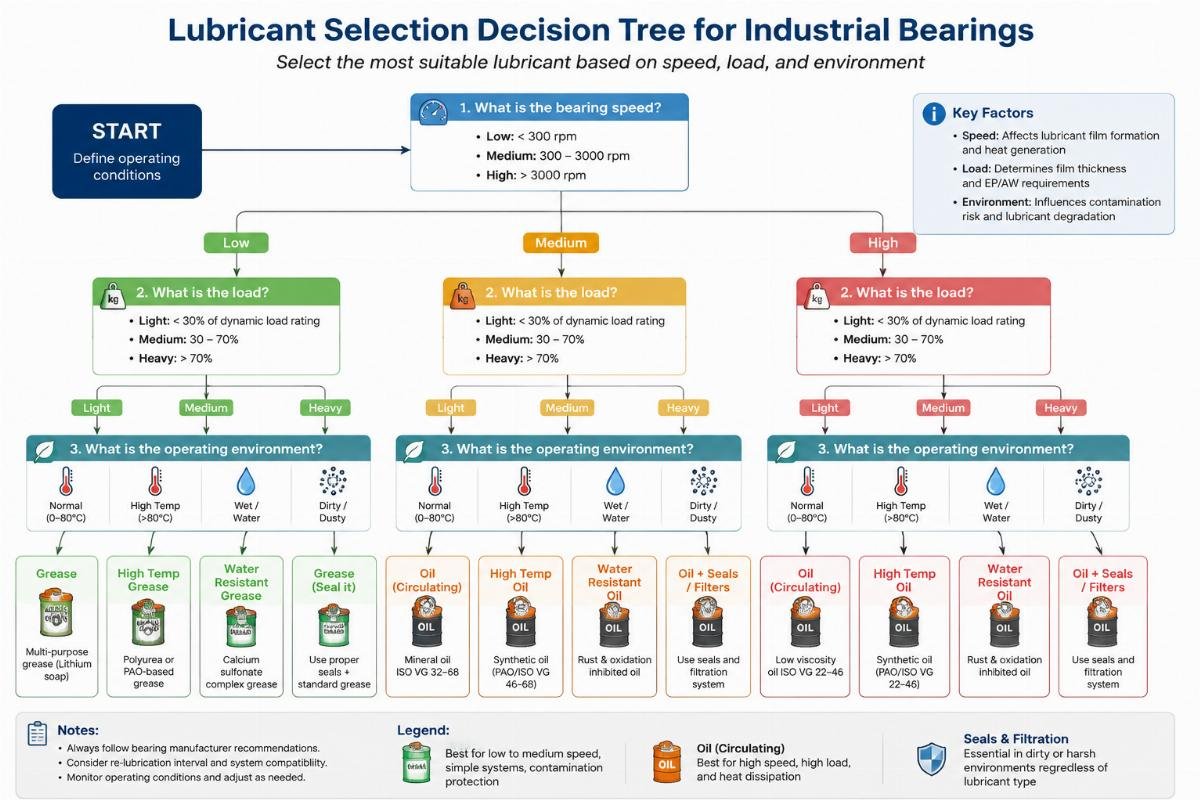 Decision tree showing lubricant type selection based on speed, load, and environment Lubricant selection decision tree for industrial bearings