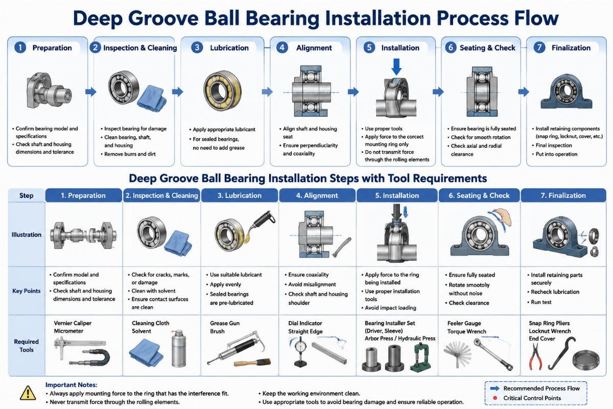 Deep Groove Ball Bearing Installation Steps with Tool Requirements Deep Groove Ball Bearing Installation Process Flow