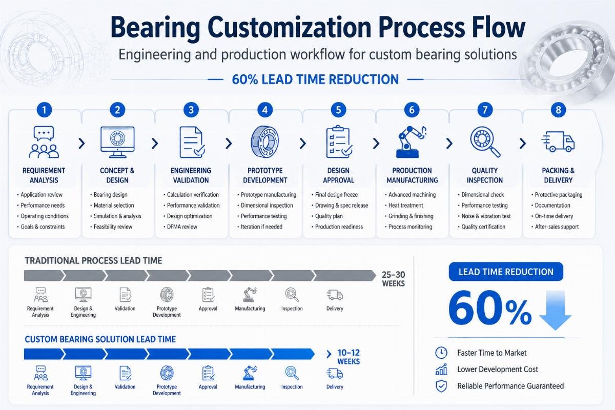 Engineering and production workflow for custom bearing solutions showing 60% lead time reduction Bearing Customization Process Flow