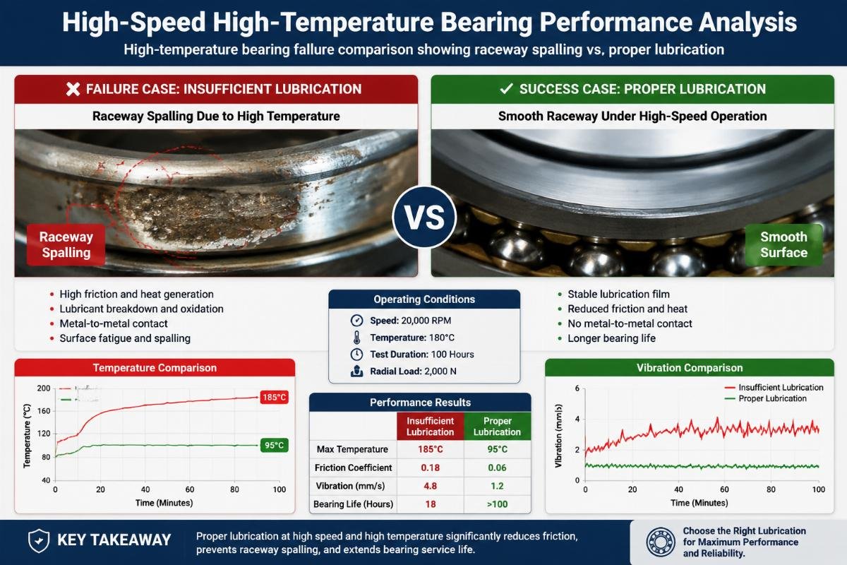High-Speed High-Temperature Bearing Performance Analysis High-temperature bearing failure comparison showing raceway spalling vs. proper lubrication