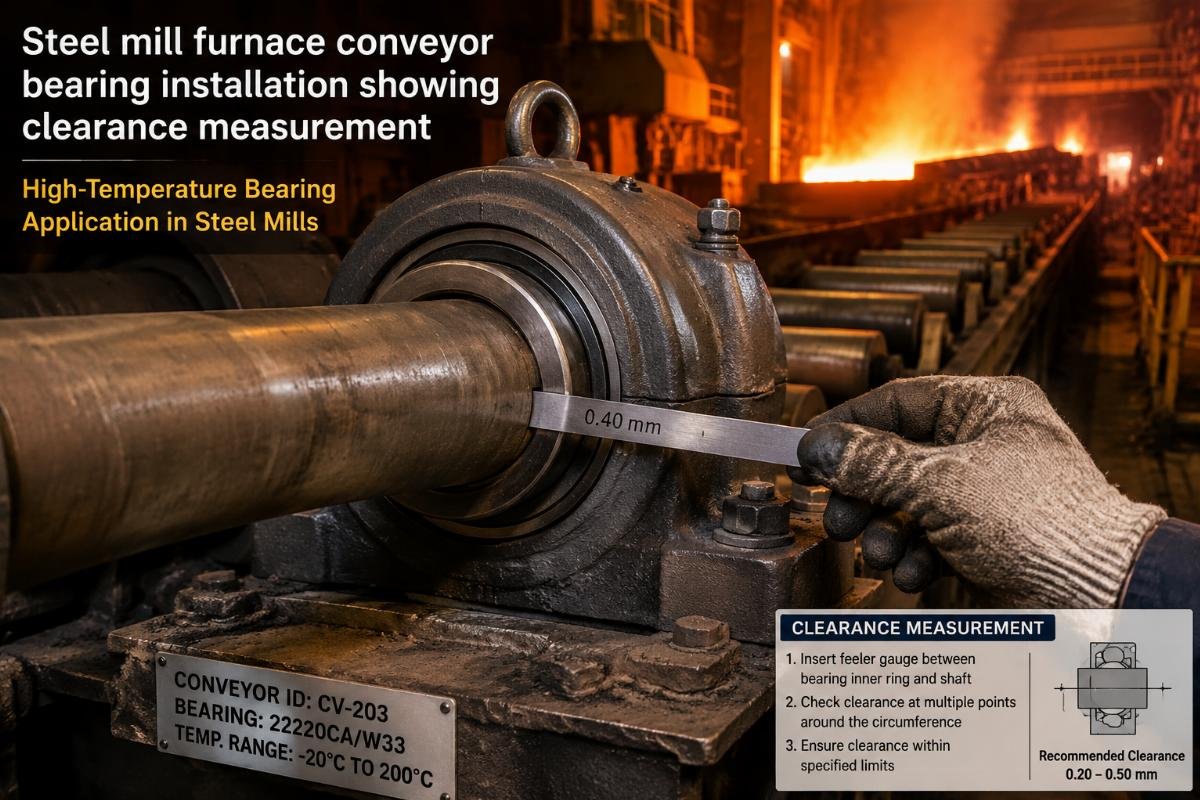 High-Temperature Bearing Application in Steel Mills Steel mill furnace conveyor bearing installation showing clearance measurement