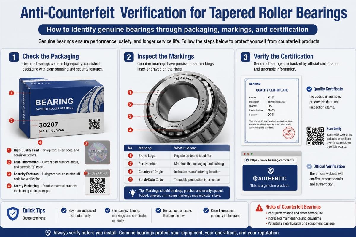 How to identify genuine bearings through packaging, markings, and certification Anti-Counterfeit Verification for Tapered Roller Bearings