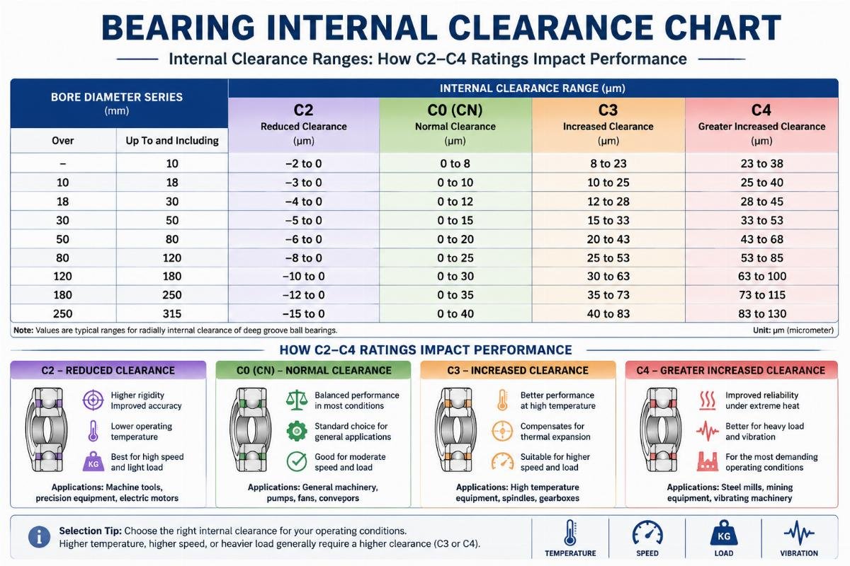 Bearing internal clearance chart showing C2, C0, C3, and C4 ranges for different diameter series