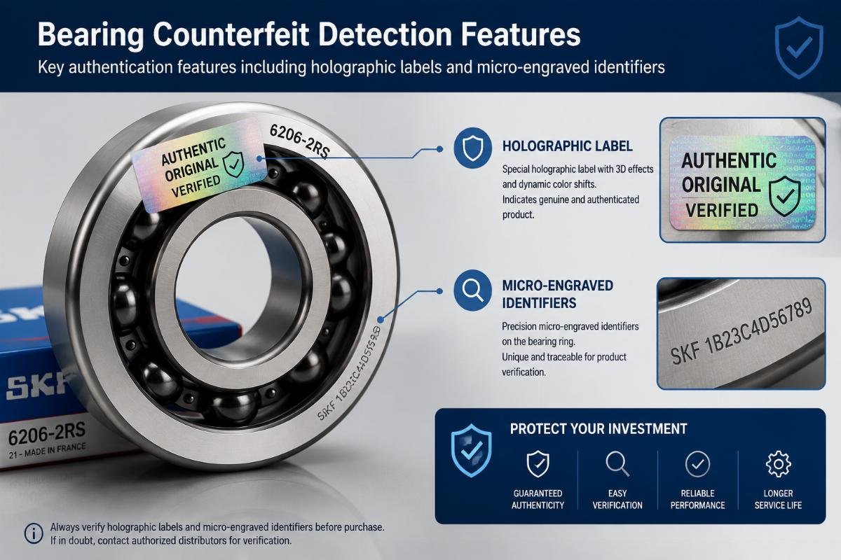 Key authentication features including holographic labels and micro-engraved identifiers Bearing Counterfeit Detection Features
