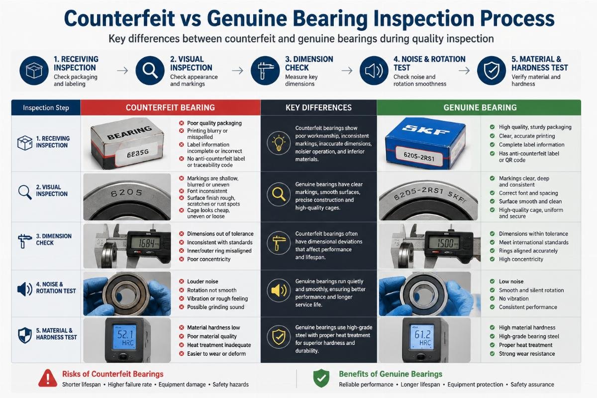 Key differences between counterfeit and genuine bearings during quality inspection Counterfeit vs Genuine Bearing Inspection Process