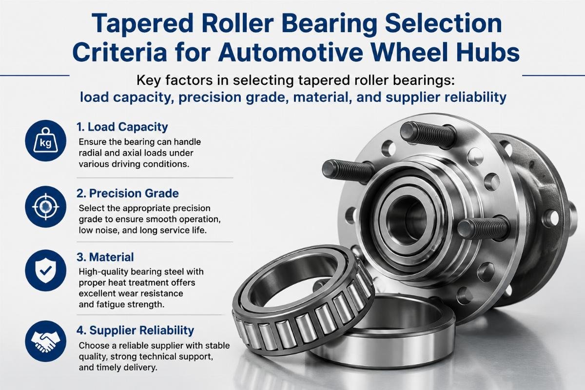 Key factors in selecting tapered roller bearings: load capacity, precision grade, material, and supplier reliability Tapered Roller Bearing Selection Criteria for Automotive Wheel Hubs