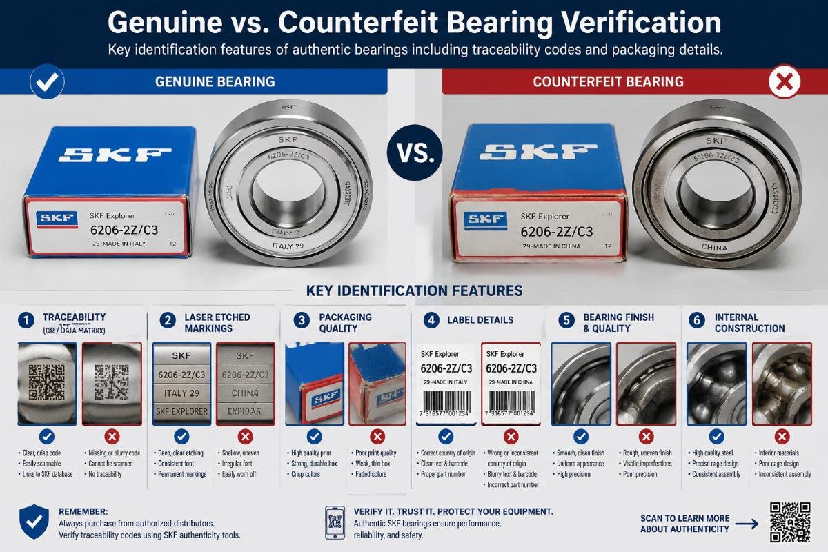 Key identification features of authentic bearings including traceability codes and packaging details Genuine vs. Counterfeit Bearing Verification