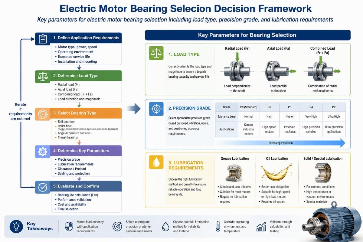 Key parameters for electric motor bearing selection including load type, precision grade, and lubrication requirements Electric Motor Bearing Selection Decision Framework