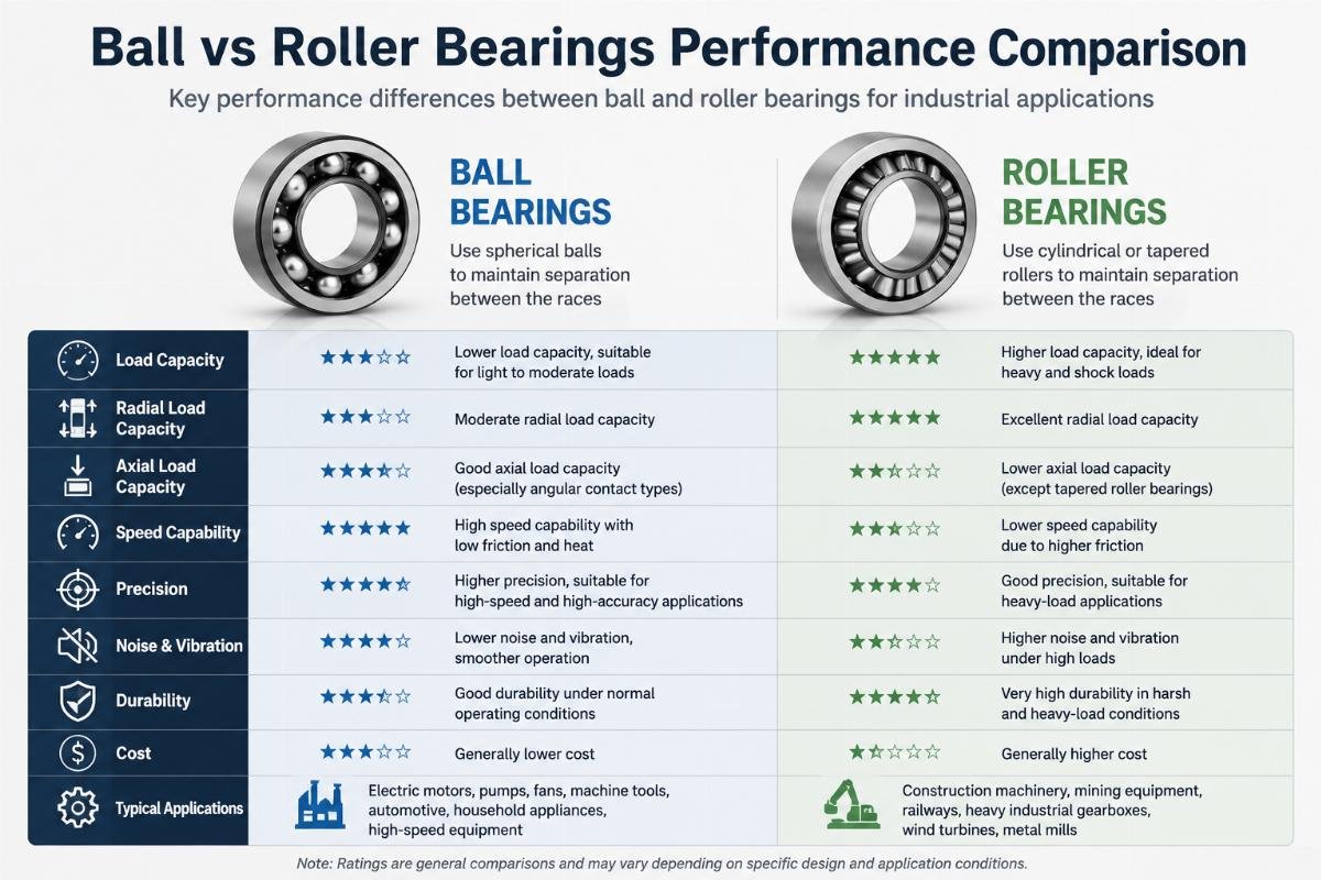 Key performance differences between ball and roller bearings for industrial applications Ball vs Roller Bearings Performance Comparison