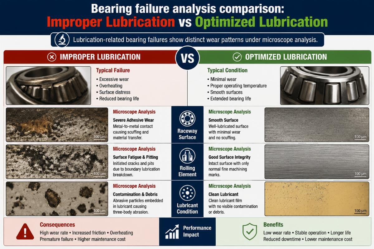 Lubrication-related bearing failures show distinct wear patterns under microscope analysis Bearing failure analysis comparison: improper lubrication vs optimized lubrication