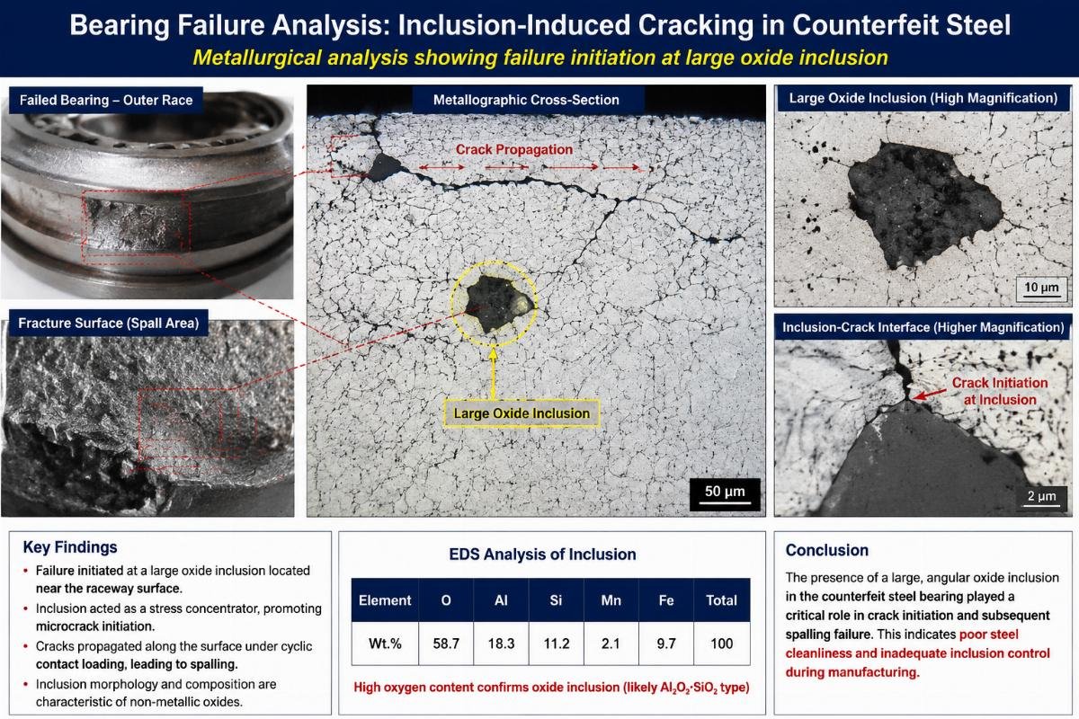 Metallurgical analysis showing failure initiation at large oxide inclusion Bearing Failure Analysis: Inclusion-Induced Cracking in Counterfeit Steel