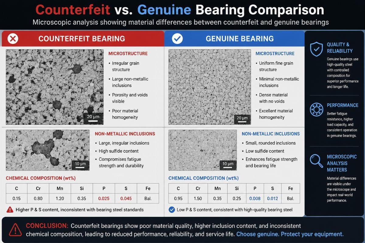 Microscopic analysis showing material differences between counterfeit and genuine bearings Counterfeit vs. Genuine Bearing Comparison