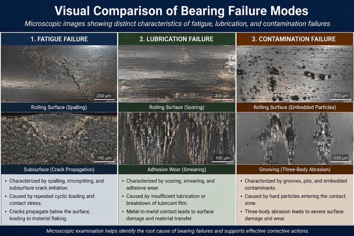 Microscopic images showing distinct characteristics of fatigue, lubrication, and contamination failures Visual Comparison of Bearing Failure Modes