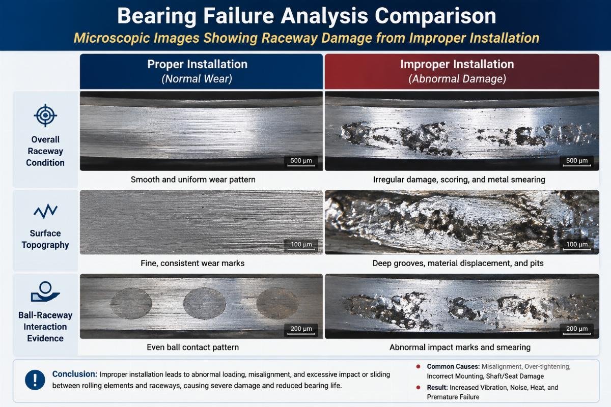 Microscopic Images Showing Raceway Damage from Improper Installation Bearing Failure Analysis Comparison