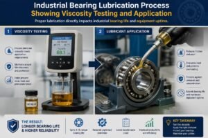 Industrial bearing lubrication process showing viscosity testing and application