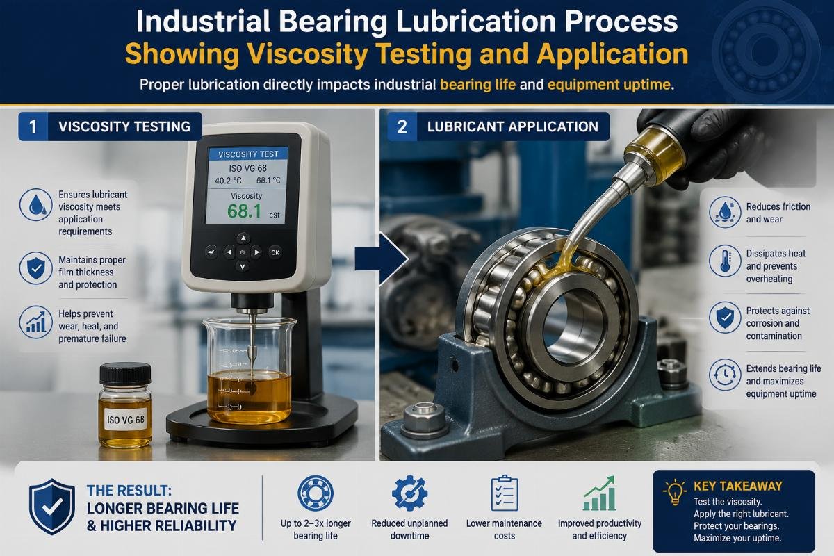 Proper lubrication directly impacts industrial bearing life and equipment uptime Industrial bearing lubrication process showing viscosity testing and application