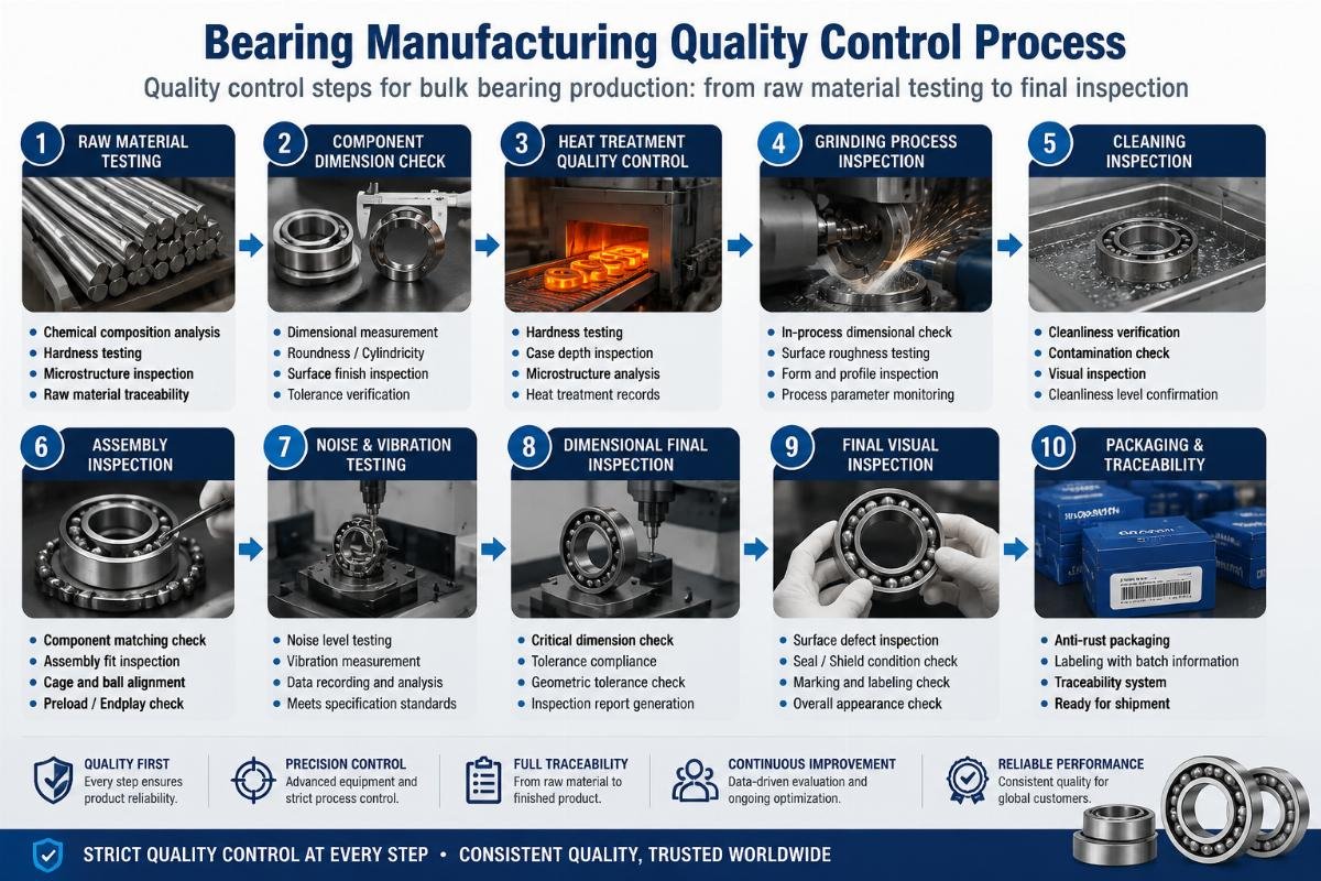 Quality control steps for bulk bearing production: from raw material testing to final inspection Bearing Manufacturing Quality Control Process