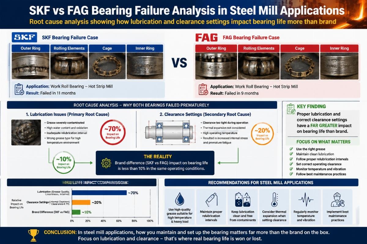Root cause analysis showing how lubrication and clearance settings impact bearing life more than brand SKF vs FAG Bearing Failure Analysis in Steel Mill Applications