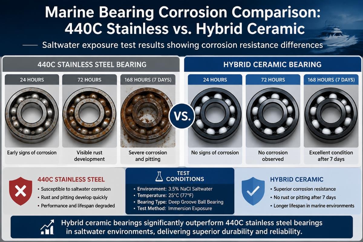 Saltwater exposure test results showing corrosion resistance differences Marine Bearing Corrosion Comparison: 440C Stainless vs. Hybrid Ceramic