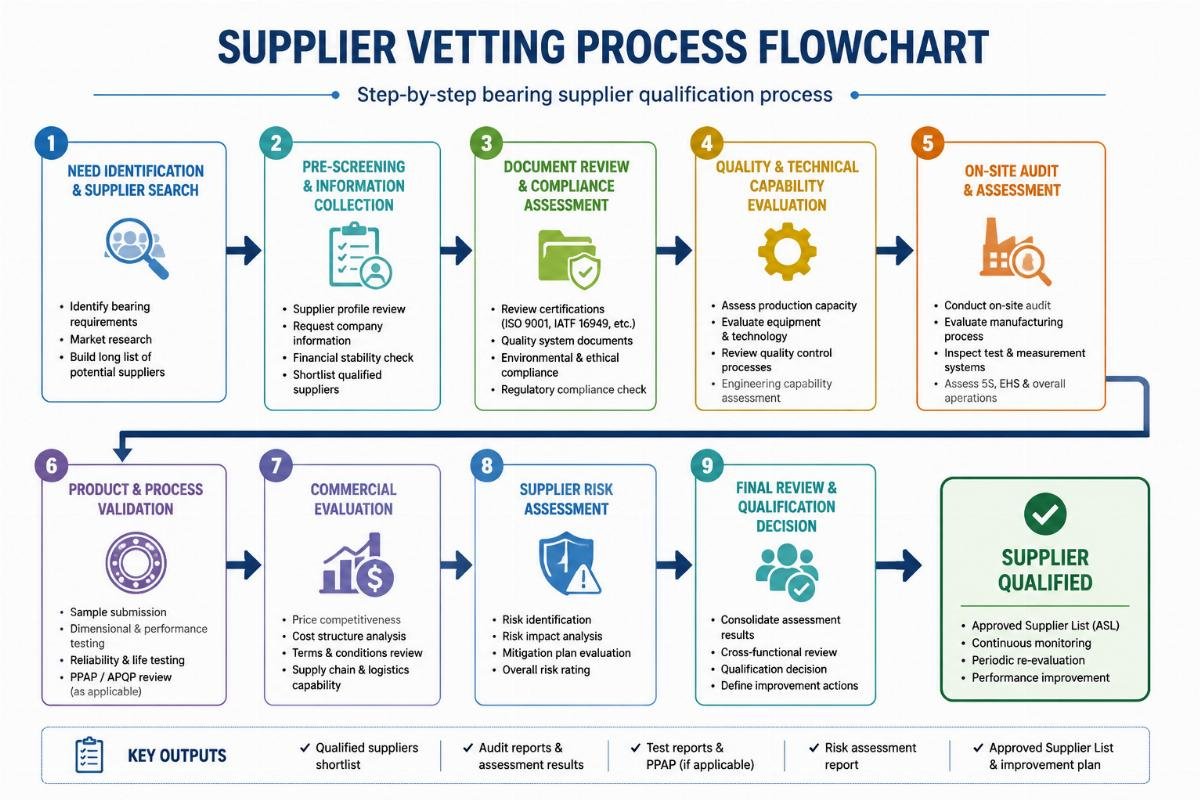 Step-by-step bearing supplier qualification process Supplier Vetting Process Flowchart