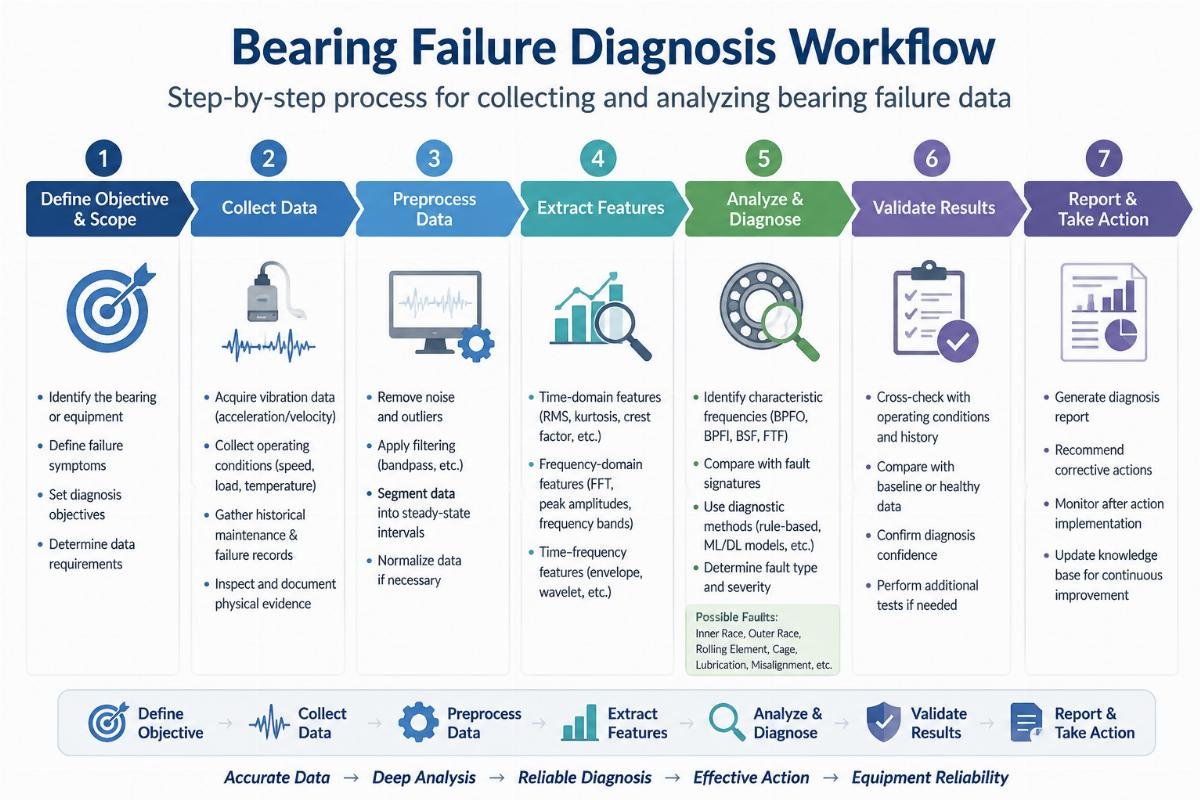 Step-by-step process for collecting and analyzing bearing failure data Bearing Failure Diagnosis Workflow