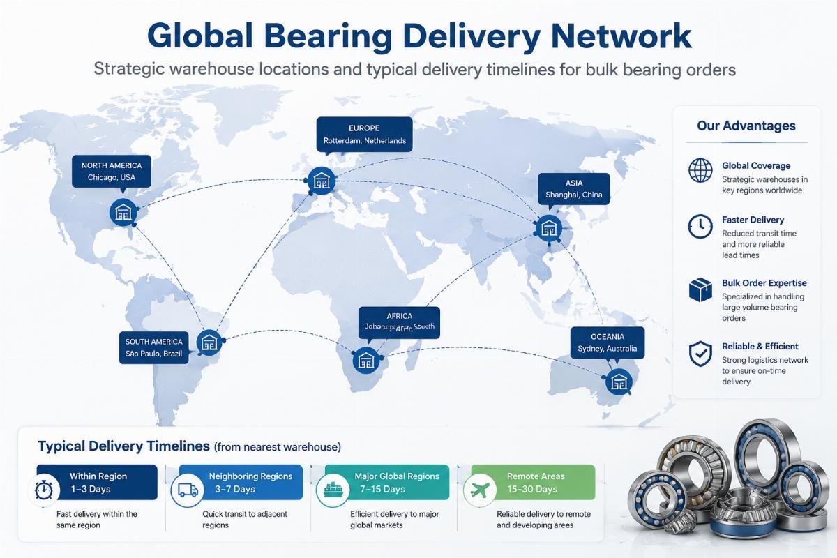 Strategic warehouse locations and typical delivery timelines for bulk bearing orders Global Bearing Delivery Network