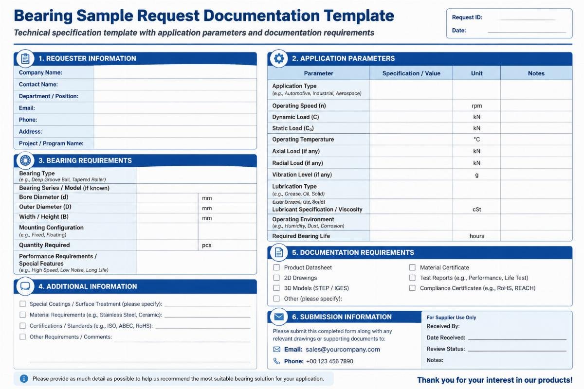 Technical specification template with application parameters and documentation requirements Bearing Sample Request Documentation Template