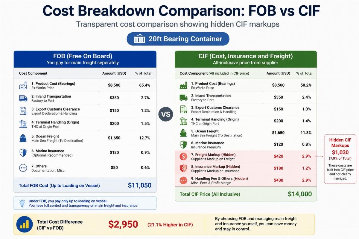 Transparent cost comparison showing hidden CIF markups Cost Breakdown Comparison: FOB vs CIF for 20ft Bearing Container