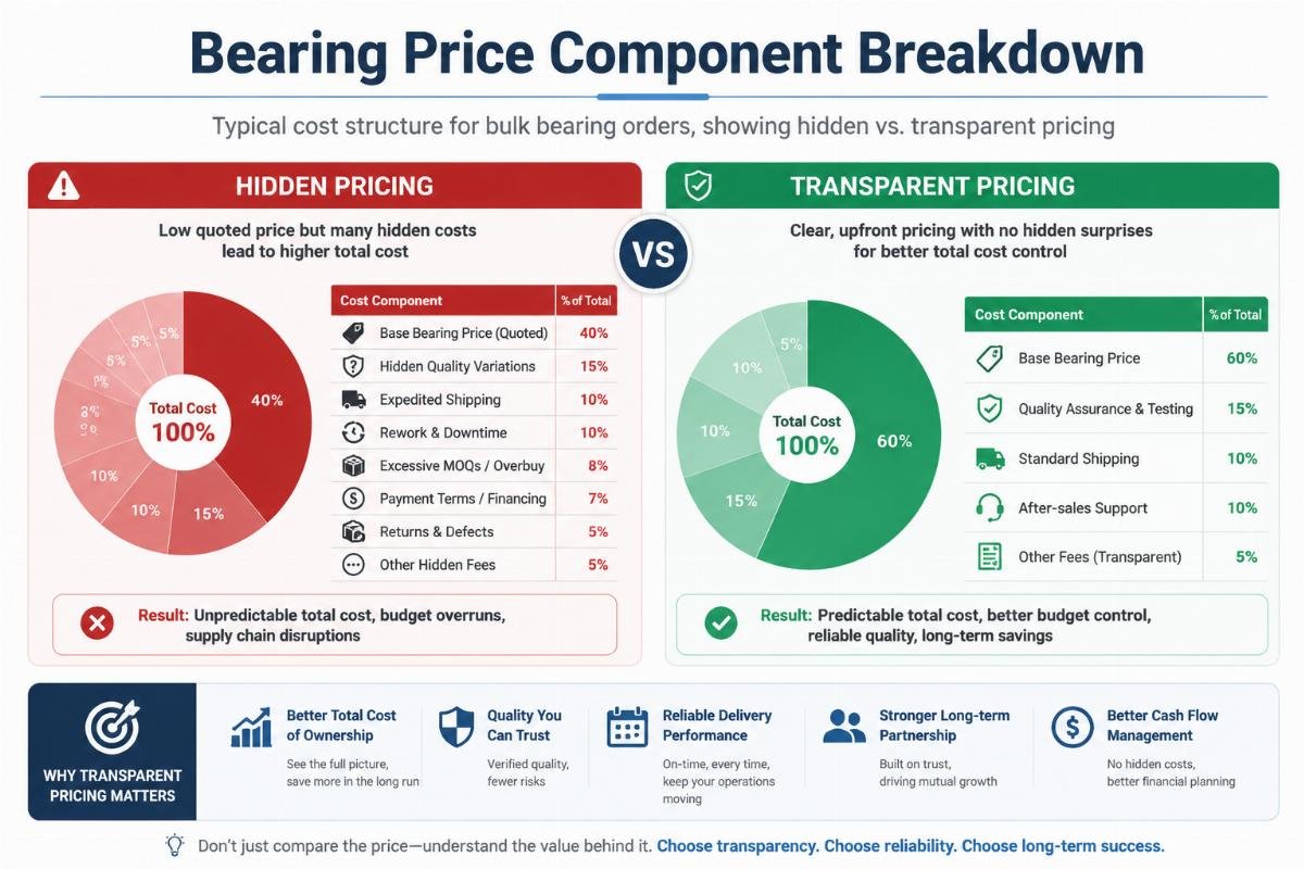 Typical cost structure for bulk bearing orders, showing hidden vs. transparent pricing Bearing Price Component Breakdown