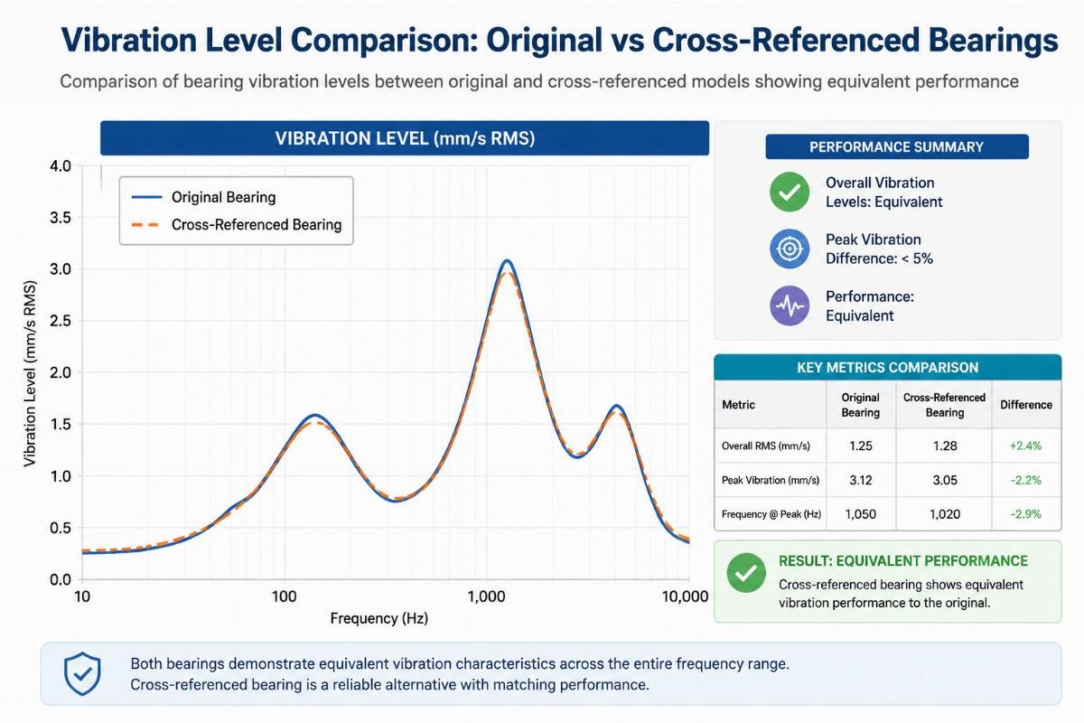 Comparison of bearing vibration levels between original and cross-referenced models showing equivalent performance