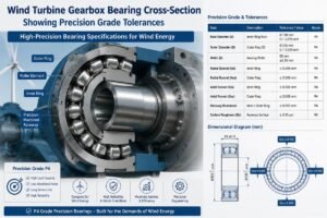 Wind turbine gearbox bearing cross-section showing precision grade tolerances