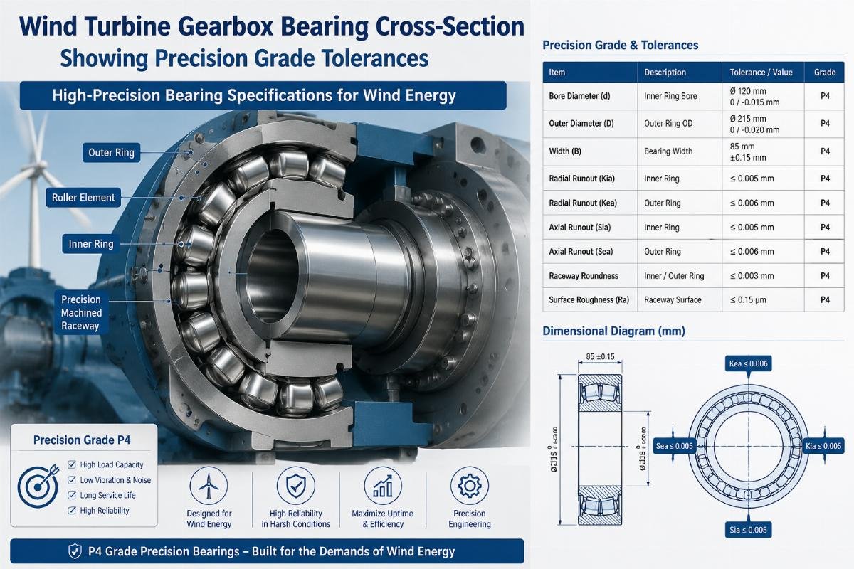 High-Precision Bearing Specifications for Wind Energy Wind turbine gearbox bearing cross-section showing precision grade tolerances